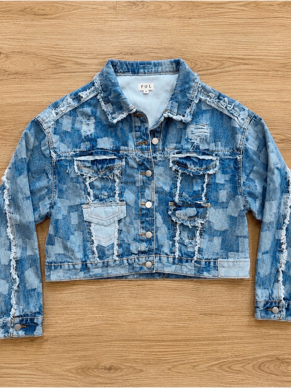 POL Patchwork Distressed Jean Jacket - Blue